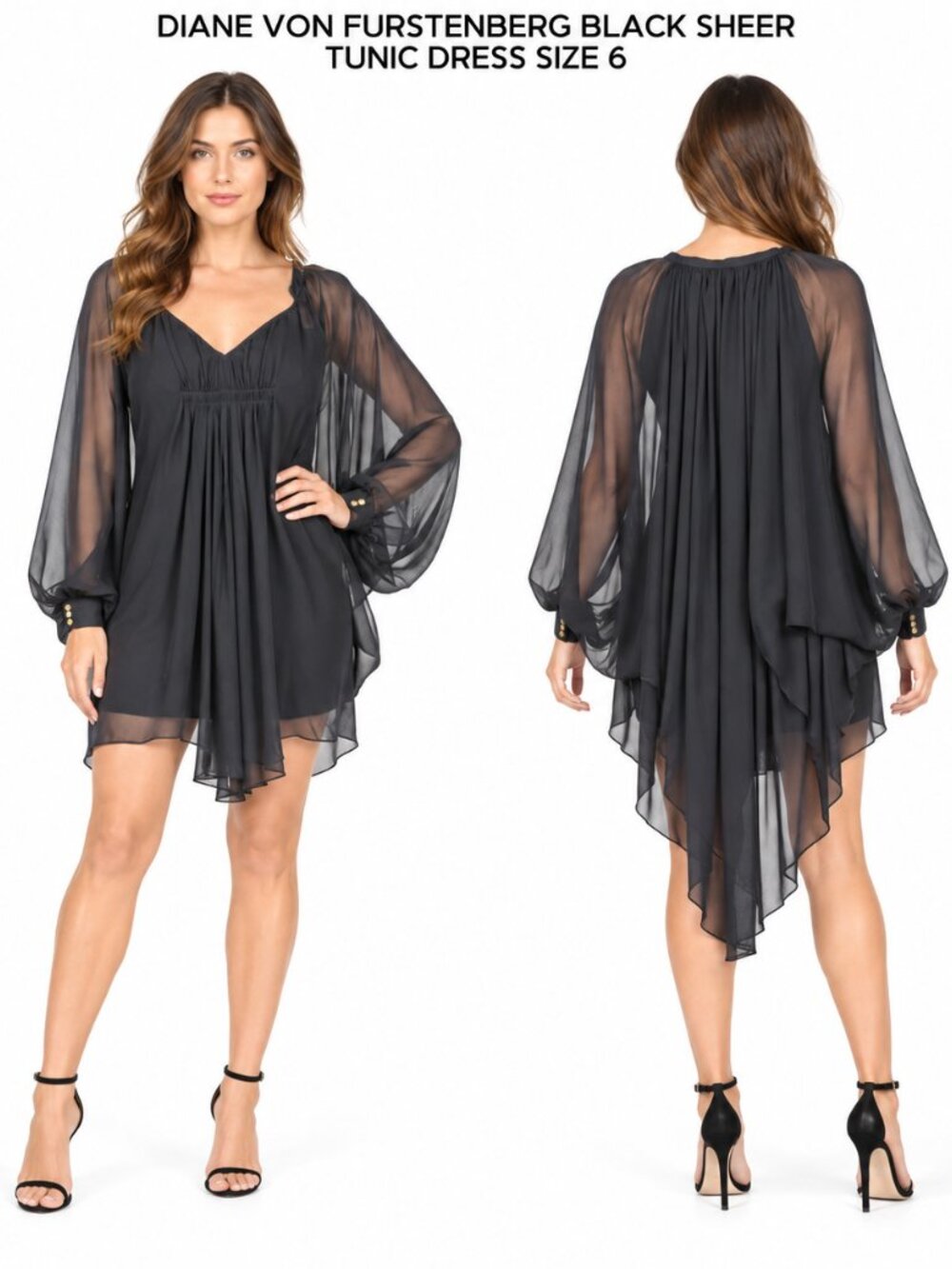 DIANE VON FURSTENBERG BLACK SHEER TUNIC DRESS SIZE 6